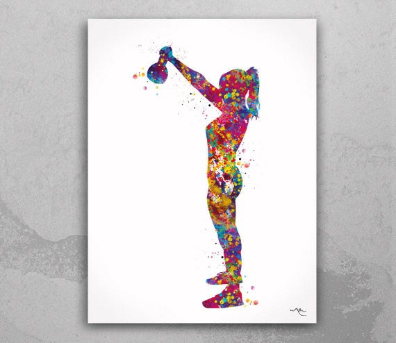 Kettlebell Watercolor Print, Female Weightlifter Gym Art-2143