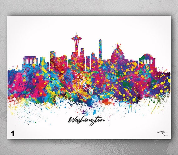 Washington State Skyline Watercolor Art Print, Cityscape Poster-2729