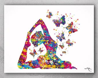 Watercolor Yoga Pigeon Pose Art Print, Butterfly Decor-877