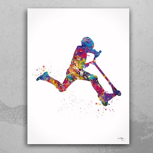 Scooter Boy Watercolor Print Kick Scooter Rider Boy Stunt Kick Scooter Extreme Sport Print Nursery Boys Bedroom Decor Sports Wall Art-2247