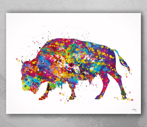 Colorful Bison Art Print, Buffalo Watercolor Animal Painting-679