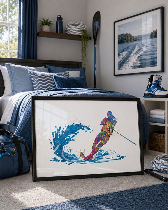 Water Skiing Girl Watercolor Art Print, Summer Sports Decor-2058