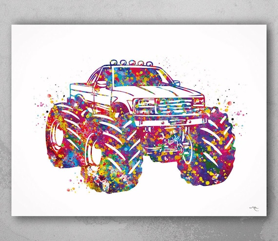 Monster Truck Watercolor Print, Boys Room Decor-2118