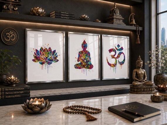 Yoga Art Prints, Watercolor Buddha, Ohm, Lotus Flower Set-1192