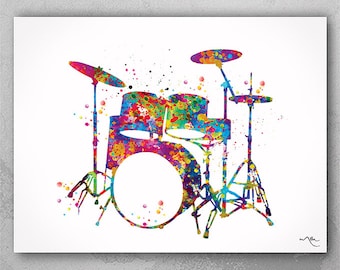 May include: A colorful watercolor painting of a drum set. The drums are painted in shades of blue, green, yellow, orange, red, and purple. The painting is on a white background.