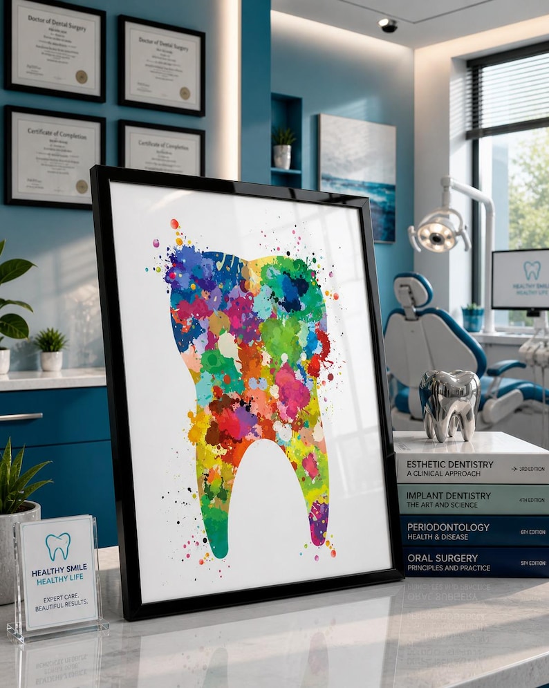 Tooth Art Print, Colorful Watercolor Dental Clinic Decor