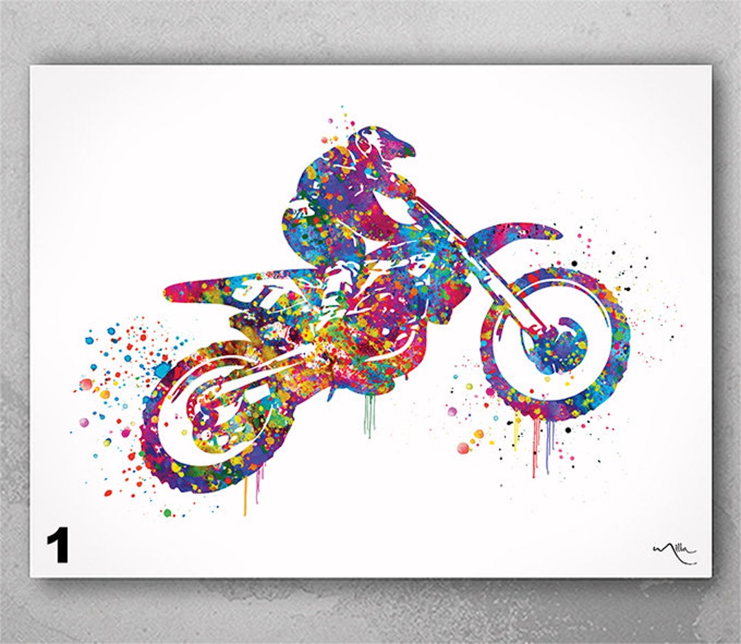 Motocross Watercolor Print Motorcycle Jump Sport Bike