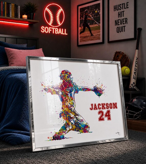 Personalized Baseball Catcher Watercolor Print, Boy Sports Decor-2928