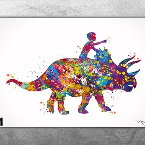 Triceratops Rider Boy Watercolor Print Dino Poster Art Print For Kids Bedroom  Children&#39;s Wall Art Wall Decor Dinosaur  Wall Hanging-2332