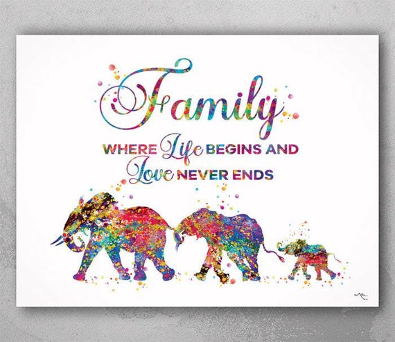 Elephant Family Watercolor Art Print, Colorful Home Decor-842