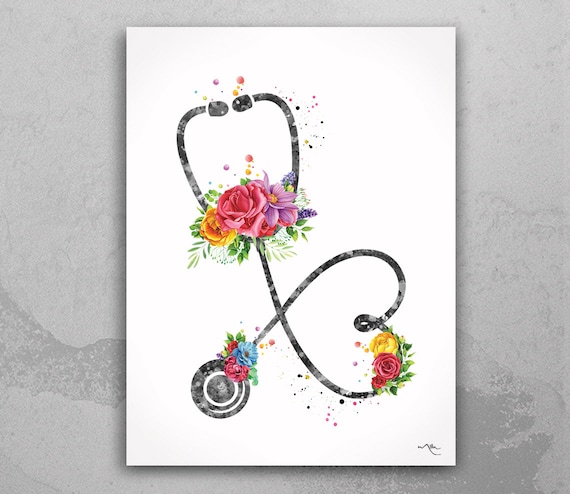 Floral Stethoscope Watercolor Print, Medical Art, Nurse Decor-1357