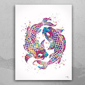Koi Fish Yin Yang Watercolor Print Housewarming Gift Luck Good Fortune Feng Shui Japanese Art Wall Decor Home Decor Wall Hanging Luck-1107