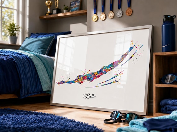 Personalized Swimmer Girl Watercolor Art Print, Colorful Swimming Wall Decor-2639