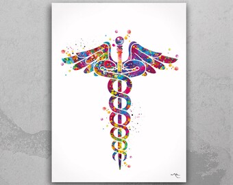 Caduceus Medical Symbol Watercolor Print Wall Art Nurse Gift Medical Art Science Art Present Gift for Doctor Decor Clinic Office Decor-685