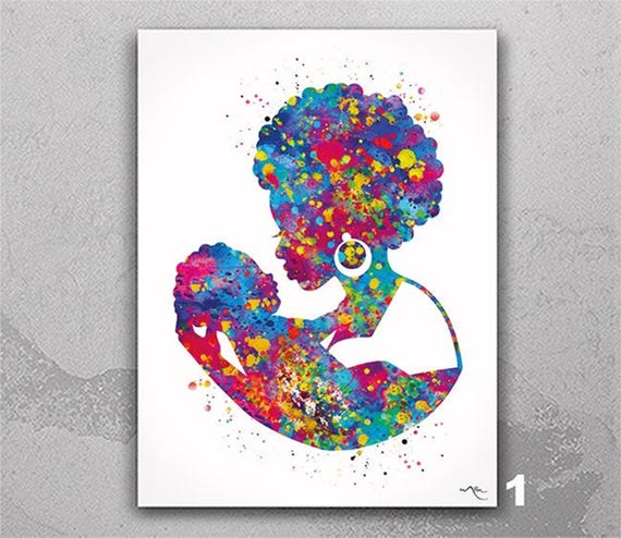 Mother and Baby Watercolor Print, Afro American Art, Nursery Decor-2514