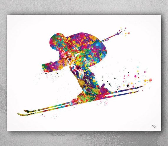 Skiing Watercolor Print, Winter Sports Wall Art-1459