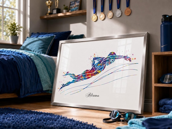 Personalized Swimmer Female Watercolor Art Print, Colorful Teen Room Decor-2191