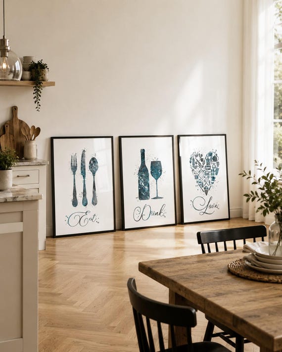 Eat Drink Love Watercolor Kitchen Art Prints, Set of 3-2094