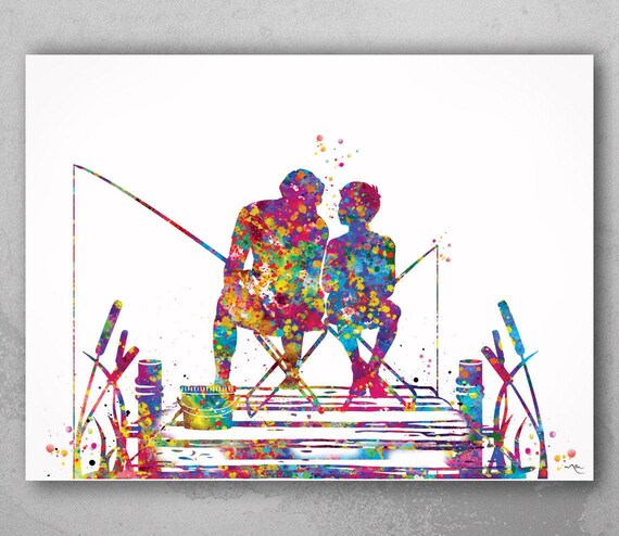 Father and Son Fishing Watercolor Print, Colorful Wall Art-1801