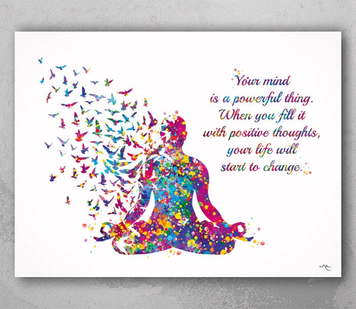 Discover Yoga Man with Birds Your Mind Life Quote Watercolor Poster