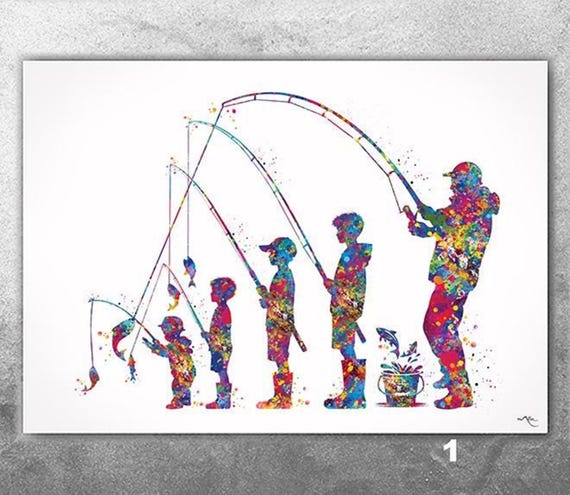 Family Fishing Watercolor Print, Father and Sons Art-2918
