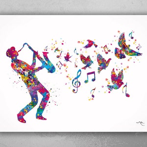 Jazz Man Music Notes and Birds Watercolor Print Musician Wall Art Poster Music Studio Saxophonist Saxophone Wall Decor Sax Wall Hanging-1939