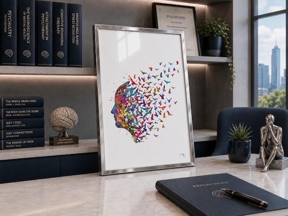 Watercolor Birds Print, Abstract Head Art, Psychology Clinic Decor-1014
