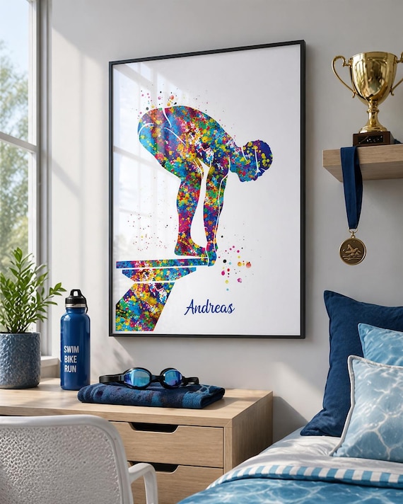 Personalized Swimmer Boy Watercolor Print, Sport Wall Art-1604