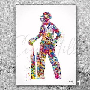 Personalised Cricket Player Boy Watercolor Print Custom Cricket Wall Decor Cricket Poster Personalized Home Decor Boys Sport Wall Art-2878
