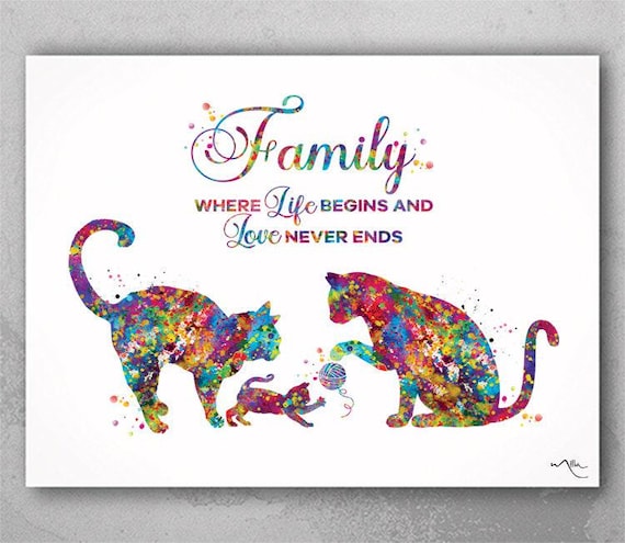 Cat Family Watercolor Print: "Love Never Ends" Cat Lover Wall Art-1608