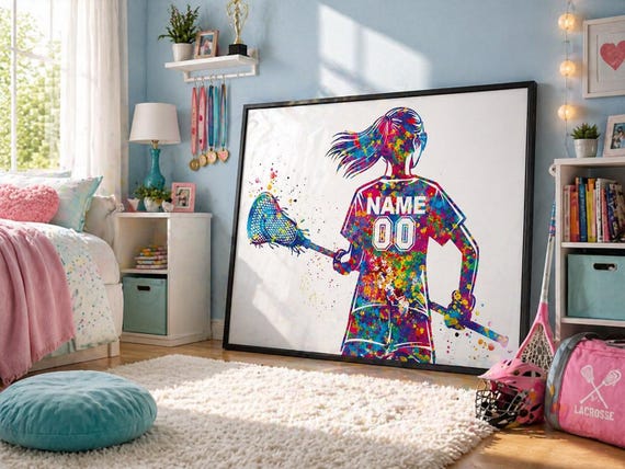 Personalized Lacrosse Girl Watercolor Print, Teen Room Decor-2900