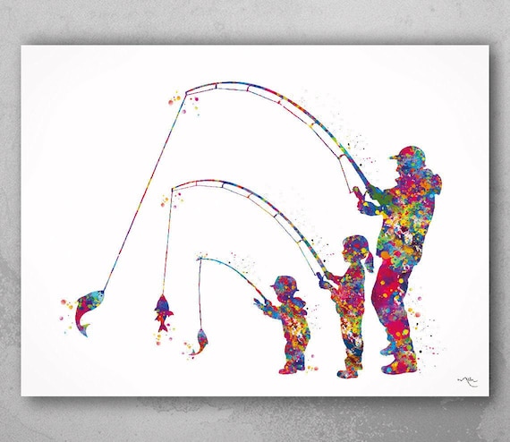 Father & Daughters Fishing Watercolor Art Print, Family Home Decor-1966