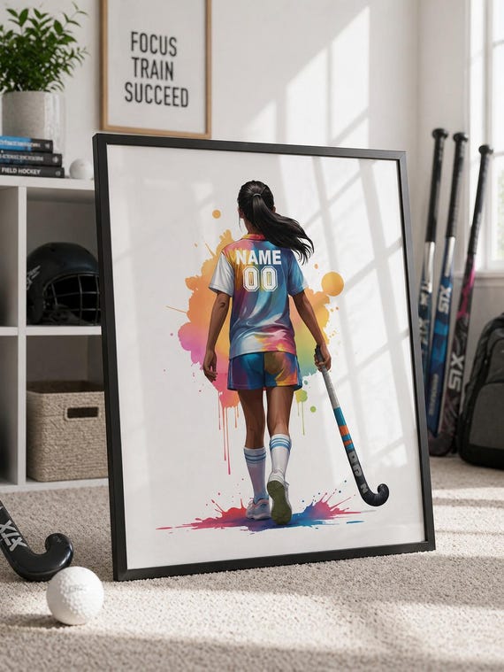 Personalized Field Hockey Girl Watercolor Print, Teen Room Decor-2971