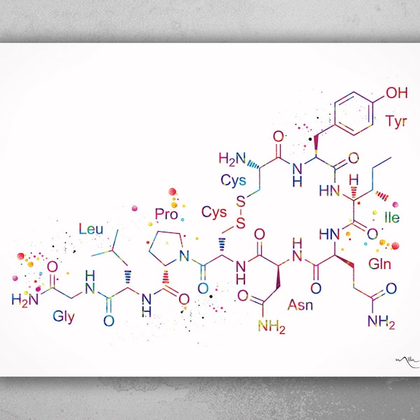 Oxytocin Molecule Watercolor Print Medical Art Love Molecule Love Symbol Wall Art Nerd Art Science Art Biology Chemistry Science Decor-1089