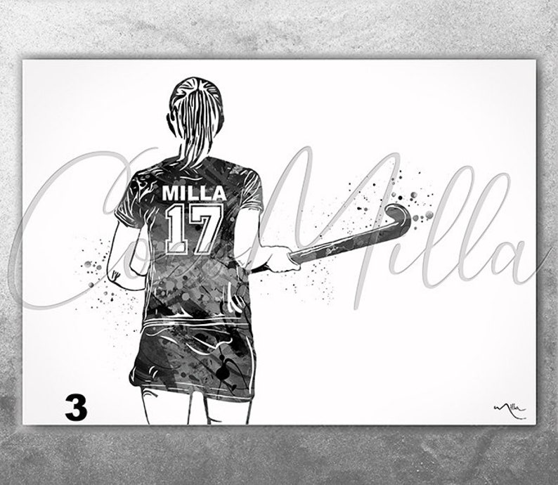 Field Hockey Player Women Girl Female Personalized Watercolor Print Sports Girl Teen Room Decor Personalized Gift Customize Wall Art-2387 image 3