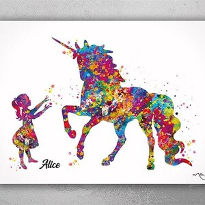 Little Girl and Unicorn Watercolor Print, Fantasy Nursery Decor-1686