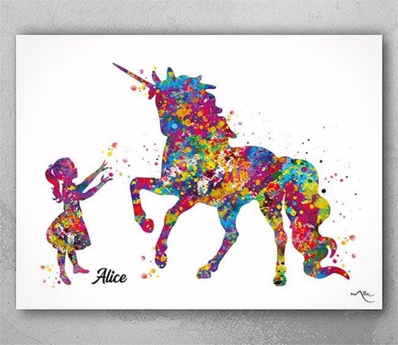 Little Girl and Unicorn Watercolor Print, Fantasy Nursery Decor-1686