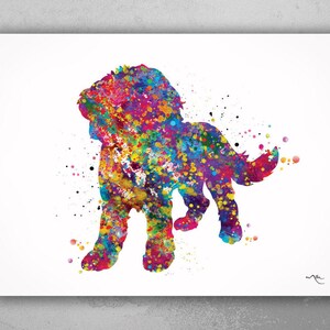May include: A colourful watercolour painting of a dog. The dog is depicted in a standing position with its tail curled up. The painting is done in a variety of colours, including pink, blue, green, yellow, and purple.