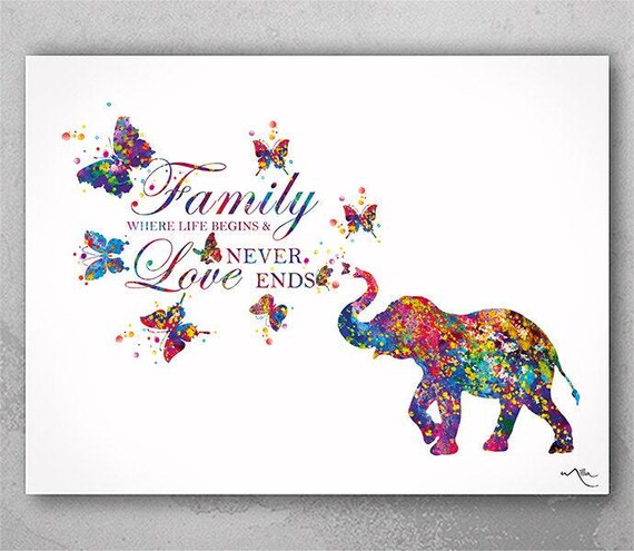 Elephant Family Quote Butterfly Art Watercolor Print Painting Wedding Gift idea Wall Art Nursery Wall Decor Art Home Decor Wall Hanging-1293