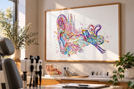 Ear Anatomy Watercolor Print, Audiologist Gift, Medical Art-1138