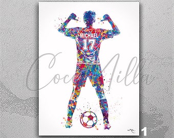 Soccer Player Personelized Watercolor Print Male Football Gift Soccer Player Boy Soccer Man Personalized Gift Customize Gift Wall Art-1955