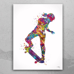 Skateboarder Girl Watercolor Print Skateboard Street Sport Art Wall Art Wall Decor Girls Room Home Decor Nursery Skateboarding Wall Art-2189