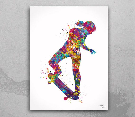 Skateboarder Girl Watercolor Print, Street Sport Art-2189