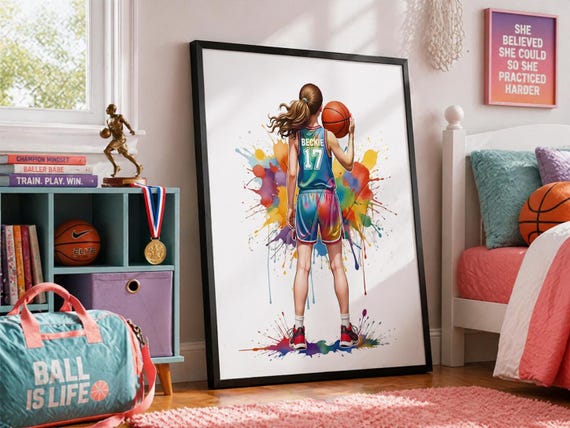 Personalized Basketball Girl Watercolor Print, Teen Room Decor-2938
