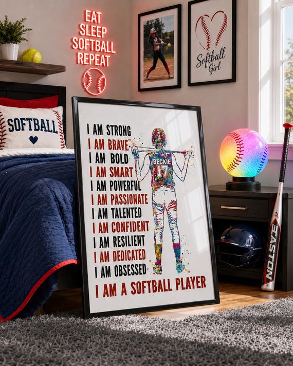 Personalized Softball Player Girl Watercolor Poster, Custom Name Gift-2528