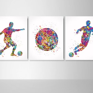 サッカー選手 3枚セット 水彩画 サッカー フットボール 男性 男の子 スポーツファンギフト 保育園 寮の部屋 スポーツポスターギフト ウォールアート 壁装飾 - 1880