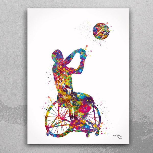 Wheelchair Basketball Boy Watercolor Print Male Basketball Player Man Gift Wall Art Kids Gift Handisport Men's Handball Disability Gift-1953