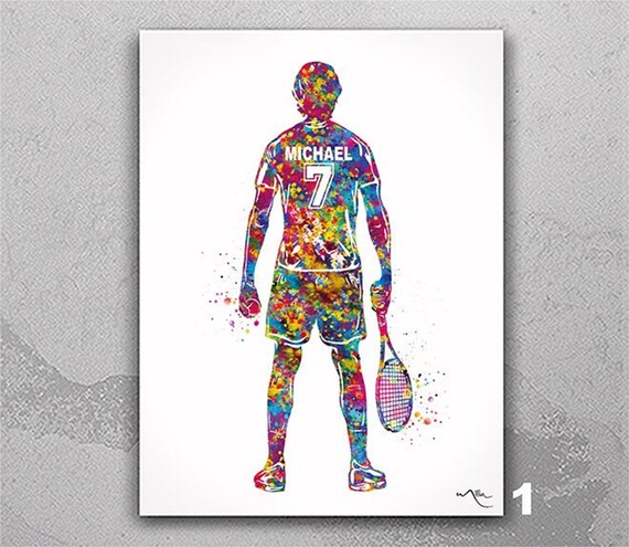Personalized Tennis Player Watercolor Print, Custom Boy Room Decor-2613