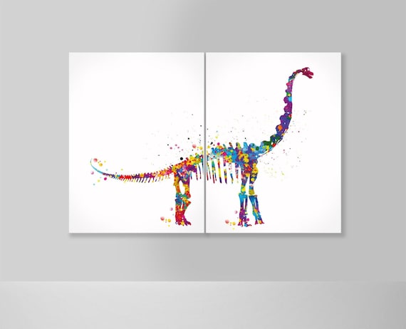 Brontosaurus Dinosaur Watercolor Print Set, Kids Nursery Art (Set of 2)-2115