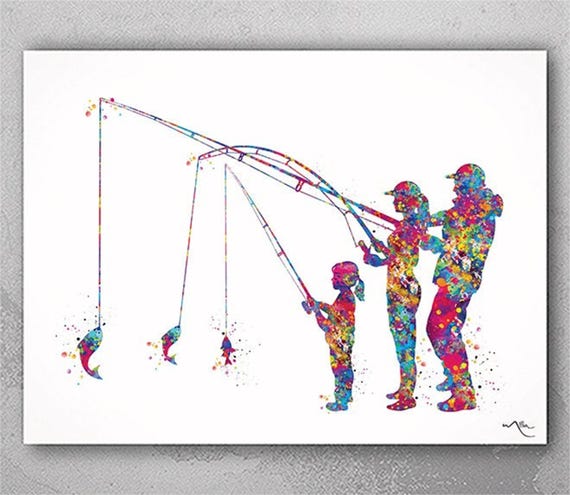 Watercolor Fishing Family Print, Father Mother Son Art-2526